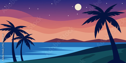 A beautiful romantic purple pretty and calm tropical beach cartoon video background scene vector illustration