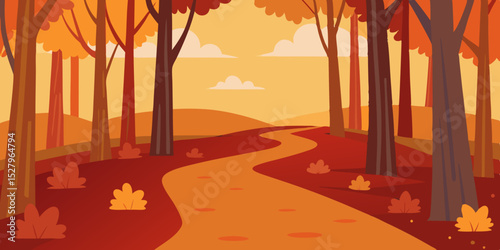 A colorful golden leaf covered and tranquil autumn path cartoon video background scene vector illustration