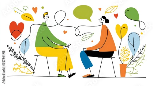 Two individuals engage in a therapeutic session, sitting on chairs surrounded by abstract shapes and plants