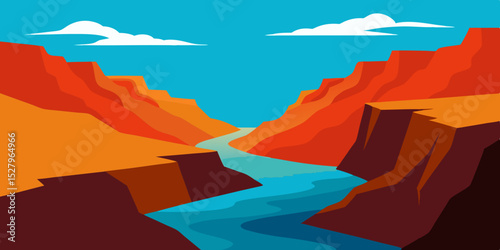 A deep winding steep and grand beautiful river canyon cartoon video background scene vector illustration