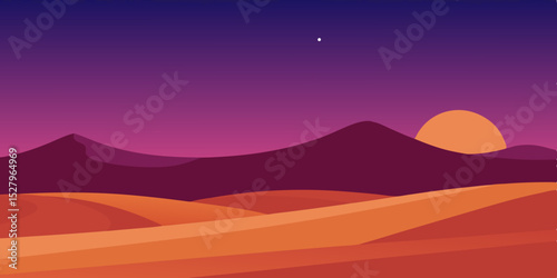 A purple serene cool calm and beautiful twilight desert cartoon video background scene vector illustration