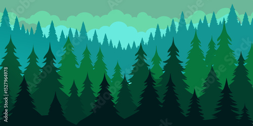 A thick dark green tranquil and peaceful dense pine cartoon video background scene vector illustration