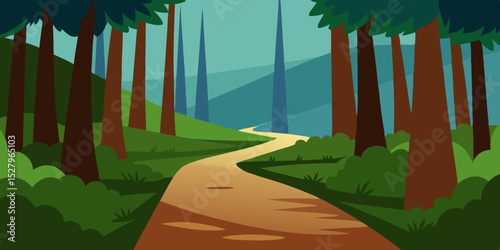 A tranquil peaceful and secluded quiet forest path cartoon video background scene vector illustration