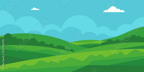 A rolling idyllic and lush verdant green pasture cartoon video background scene vector illustration