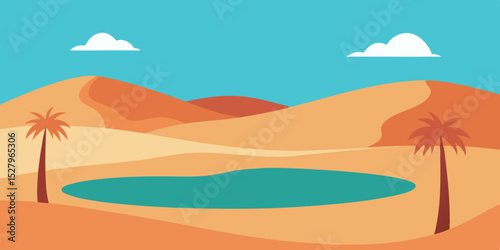 A refreshing hidden and lush beautiful desert oasis cartoon video background scene vector illustration