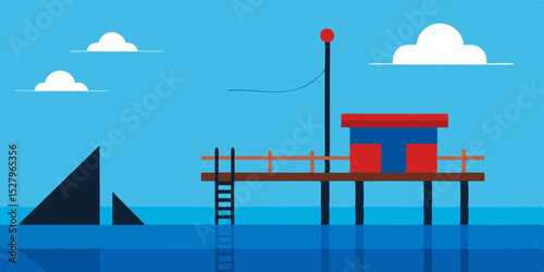 A rustic wooden quiet and peaceful lakeside fishing dock cartoon video background scene vector illustration