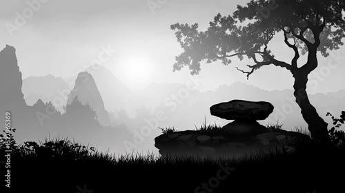 Misty mountain landscape with solitary rock formation.