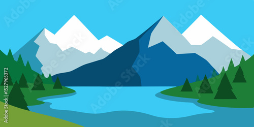 A pristine serene and clear alpine mountain lake cartoon video background scene vector illustration