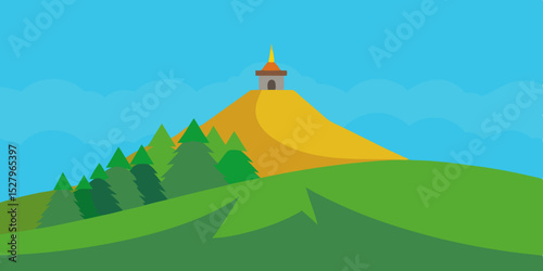A breathtaking panoramic and scenic green hilltop view cartoon video background scene vector illustration