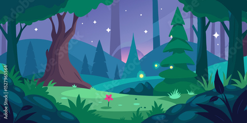 A magical fairy glowing and whimsical enchanted forest cartoon video background scene vector illustration