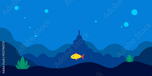 A dark mysterious underwater deep sea abyss cartoon video background scene vector illustration