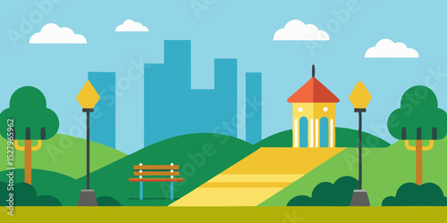A lovely green public urban park pathway cartoon video background scene vector illustration