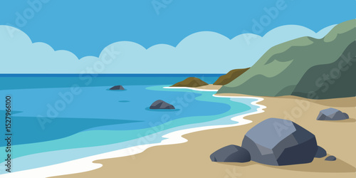 A rugged wild desolate windy gray rocky beach cartoon video background scene vector illustration