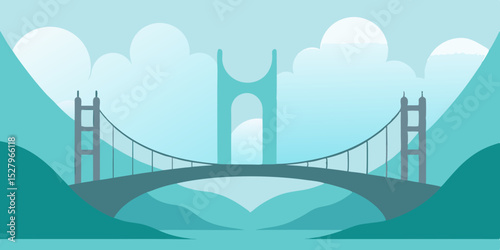 A mysterious spooky old wooden foggy misty bridge cartoon video background scene vector illustration