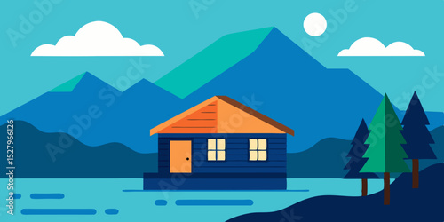 A serene peaceful quiet rustic log cabin by lake cartoon video background scene vector illustration