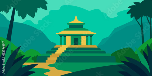 A mysterious ancient overgrown stone temple in jungle cartoon video background scene vector illustration