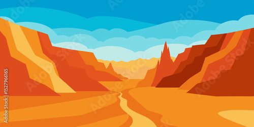 A vast red arid rocky hot grand desert canyon cartoon video background scene vector illustration
