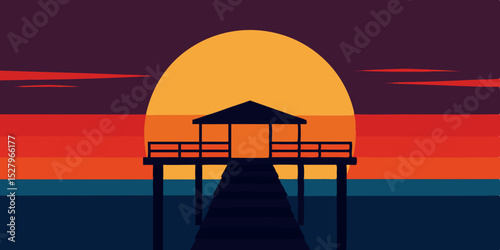 A romantic warm tranquil sunset over pier cartoon video background scene vector illustration