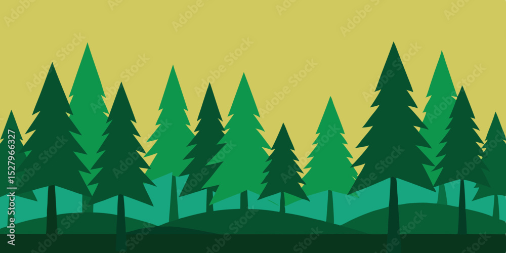 Obraz premium A quiet peaceful tall sunlit green pine grove cartoon video background scene vector illustration