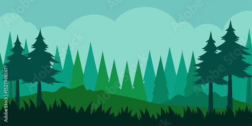 A calm transitional peaceful green forest edge cartoon video background scene vector illustration