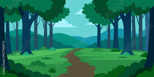 A hidden peaceful sunlit secluded forest glade cartoon video background scene vector illustration