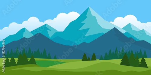 A vibrant alpine flower filled mountain meadow cartoon video background scene vector illustration