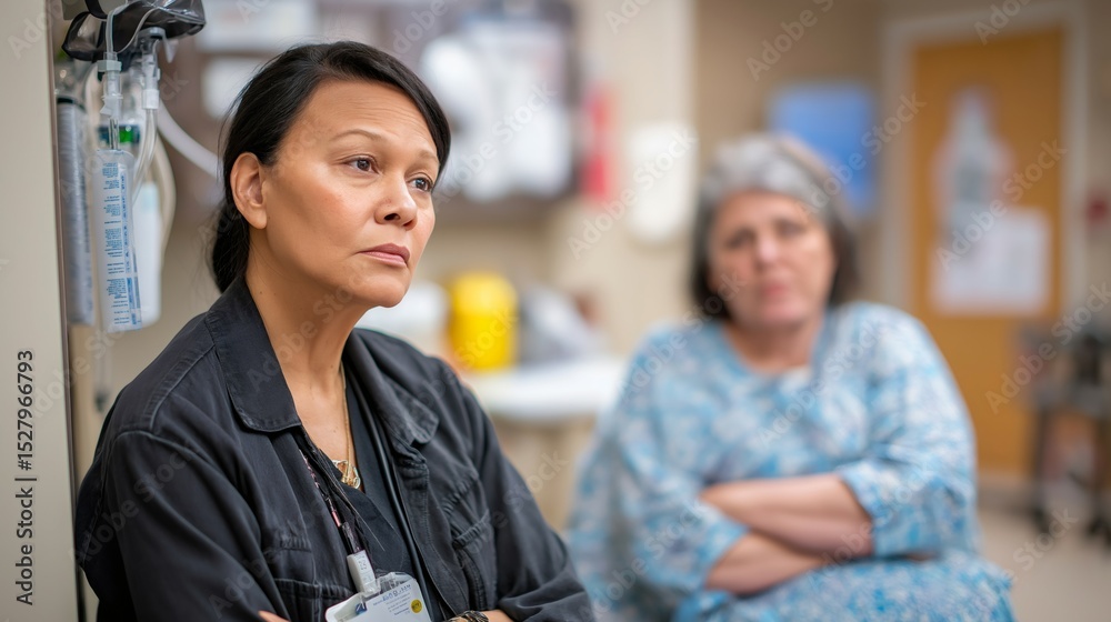 Fototapeta premium In the hospital waiting area, a weary addiction therapist is with an older female patient. Both have their arms crossed. The therapist appears tired but determined