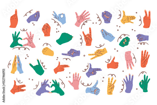Colorful Hand gestures set. Signs, expression pointing finger, clenched fist, greeting palms, OK