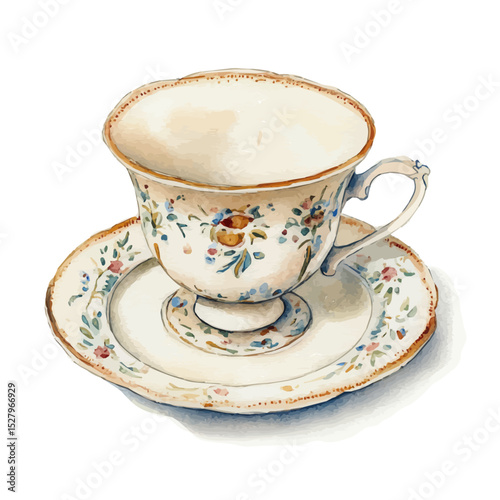 Porcelain Saucer, watercolor illustration vector, high quality, isolated on a white background.