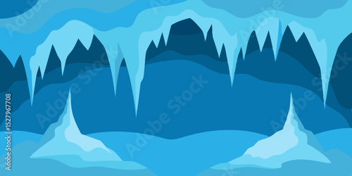 A blue frozen crystal ice cave interior cartoon video background scene vector illustration