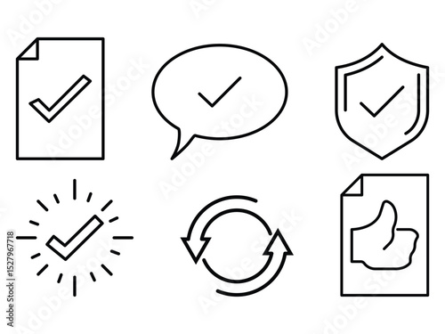 Approval verification checkmark shield update document feedback success quality confirm secure validate sync icon vector illustration line style.