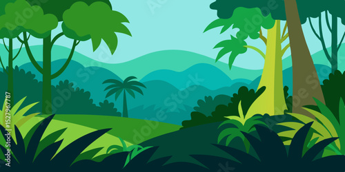 A dense wet amazon rainforest ecosystem cartoon video background scene vector illustration