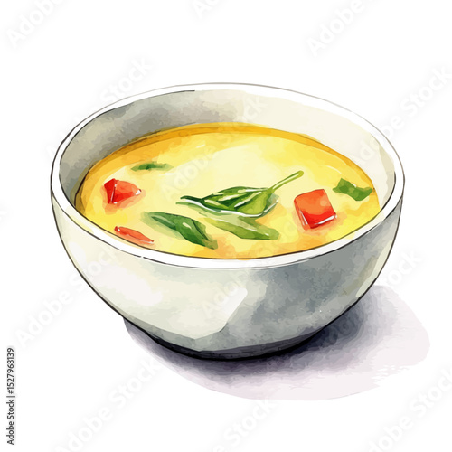 Porcelain Soup Bowl, watercolor clipart vector, high quality, isolated on a white background.