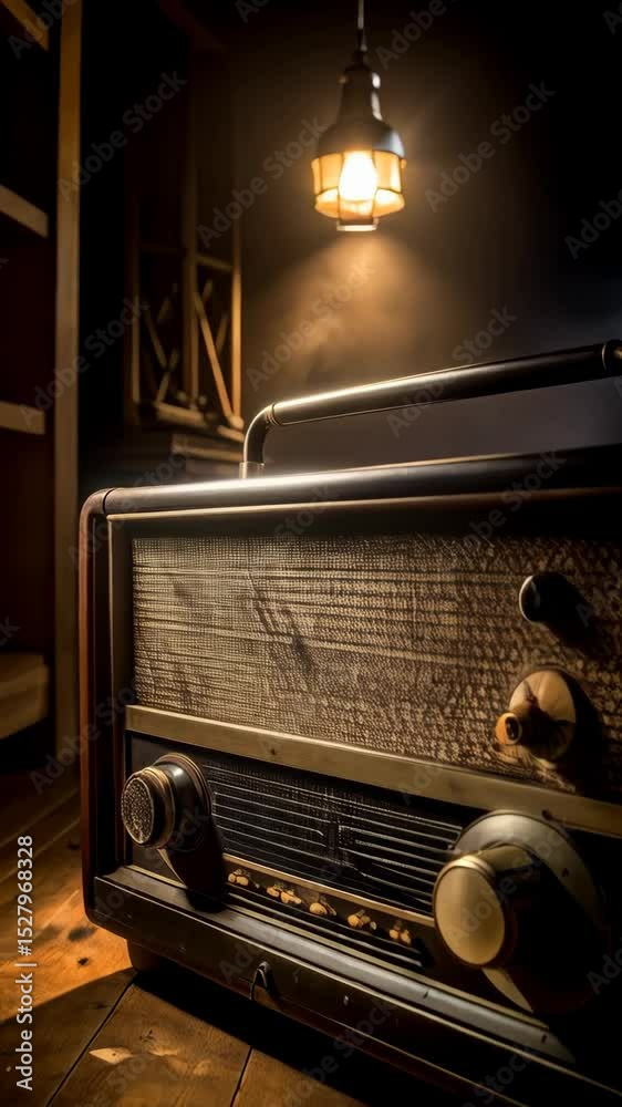 Vintage radio receiver with wooden casing and illuminated dial on a wooden floor under soft light, nostalgic and retro style