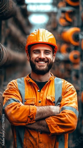 Confident male worker in orange uniform and hardhat.