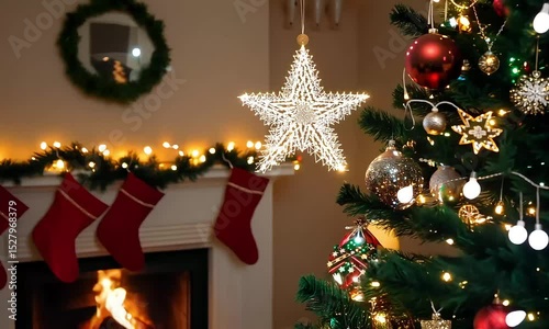 Christmas Tree with Star: Holiday Decoration Fireplace Ambiance