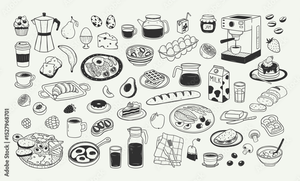© Anastasiya Stoma - Hand drawn doodle set of different breakfast or brunch elements. Outline illustration of healthy morning food and drink in sketch style. Vintage linear design items for kitchen poster, print, menu © Anastasiya Stoma - Hand drawn doodle set of different breakfast or brunch elements. Outline illustration of healthy morning food and drink in sketch style. Vintage linear design items for kitchen poster, print, menu