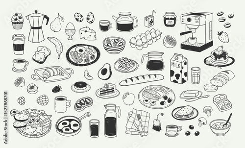 Hand drawn doodle set of different breakfast or brunch elements. Outline illustration of healthy morning food and drink in sketch style. Vintage linear design items for kitchen poster, print, menu