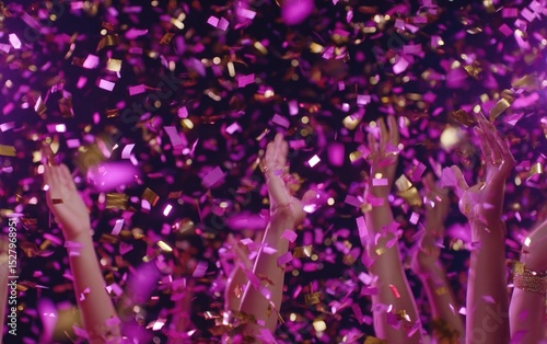 Crowds raise their hands in celebration as colorful confetti rains down, marking a vibrant Happy American Independence Day 4th of July USA flag symbol with joy and excitement