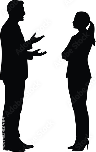 Silhouette of two professionals in discussion, one explaining with hand gesture, the other listening with crossed arms

