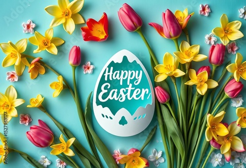 Happy Easter paper cut egg, tulips, narcissus on turquoise floral background,  flowers,  invitation
