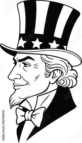 Illustration of uncle sam wearing a tall stars and stripes top hat and bow tie, symbolizing american patriotism and leadership