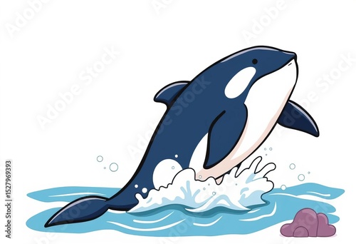 Playful orca breaching, simplified vector illustration; charming marine design for kids,  swimming,  animal