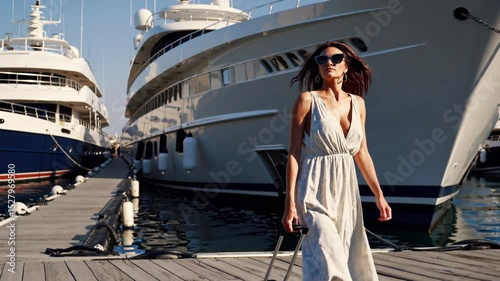 Elegant Journey by the Sea: A sophisticated woman, strolling confidently along a sun-kissed marina with luxurious yachts, epitomizes a life of style and travel