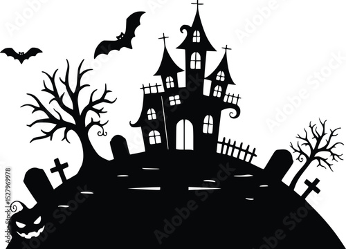 Eerie silhouette illustration of a haunted castle with multiple towers bats graveyard and winding path
