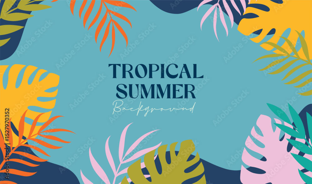 Summer background with tropical leaves and plants in light blue and deep blue colors. Modern minimalist style. Design template for sale, horizontal poster, header, cover, social media, fashion ads Summer background with tropical leaves and plants in light blue and deep blue colors. Modern minimalist style. Design template for sale, horizontal poster, header, cover, social media, fashion ads