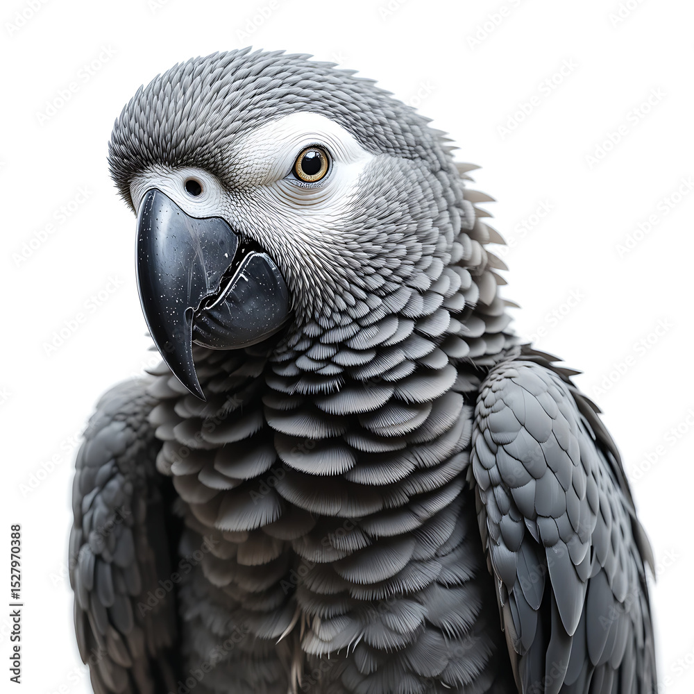 Obraz premium Close up portrait of a gray parrot with a black beak against a white background in sharp focus
