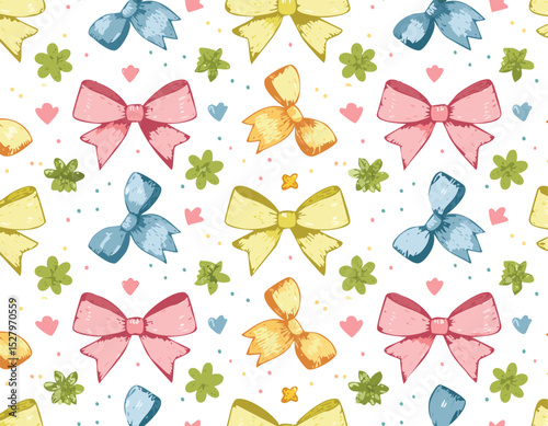 Floral pattern. Bow ribbon seamless background with flower coquette. Vector preppy print. Crayon floral pattern.mother, chalk, damask, elegant, ornament, pastel, print, repeat, ribbon, textile,