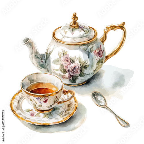 Porcelain Teapot With Gold Rim And Teacup, watercolor vector, high quality, isolated on a white background.
