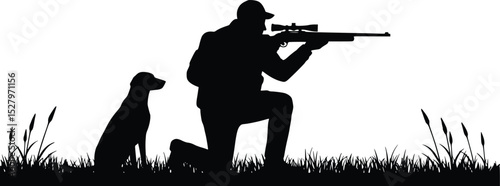 Silhouette of a focused hunter aiming rifle with loyal dog in outdoor field